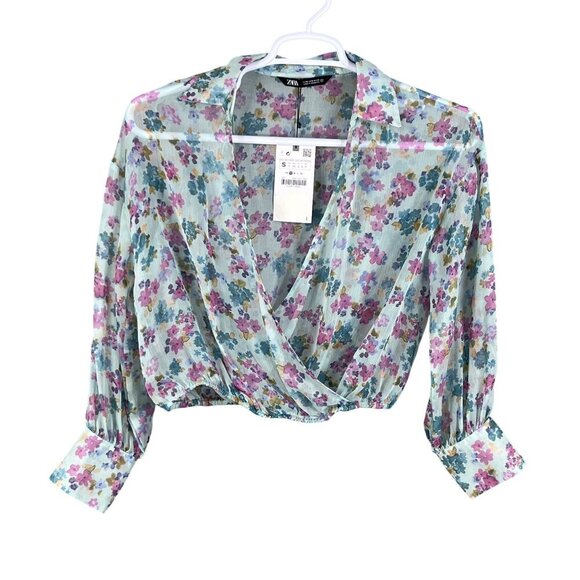 Zara NWT Womens S Floral Wrap Blouse Bell Sleeves Fairy Pastel Chiffon Crop Top - Picture 6 of 15